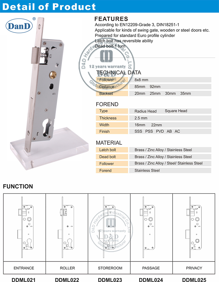 Phần cứng bằng thép không gỉ Euro Narrow Stile Lock-D và D