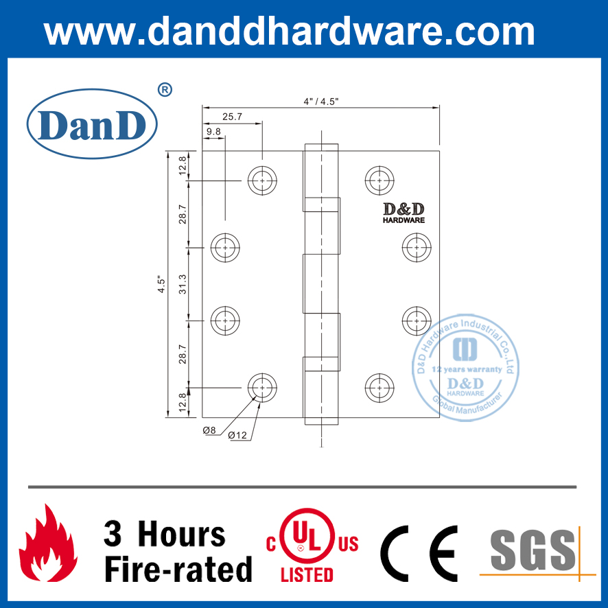 Bản lề vòng bi cứu hỏa được liệt kê SUS304 UL cho cửa ngoại thất thương mại-DDSS002-FR-4.5X4X3.0